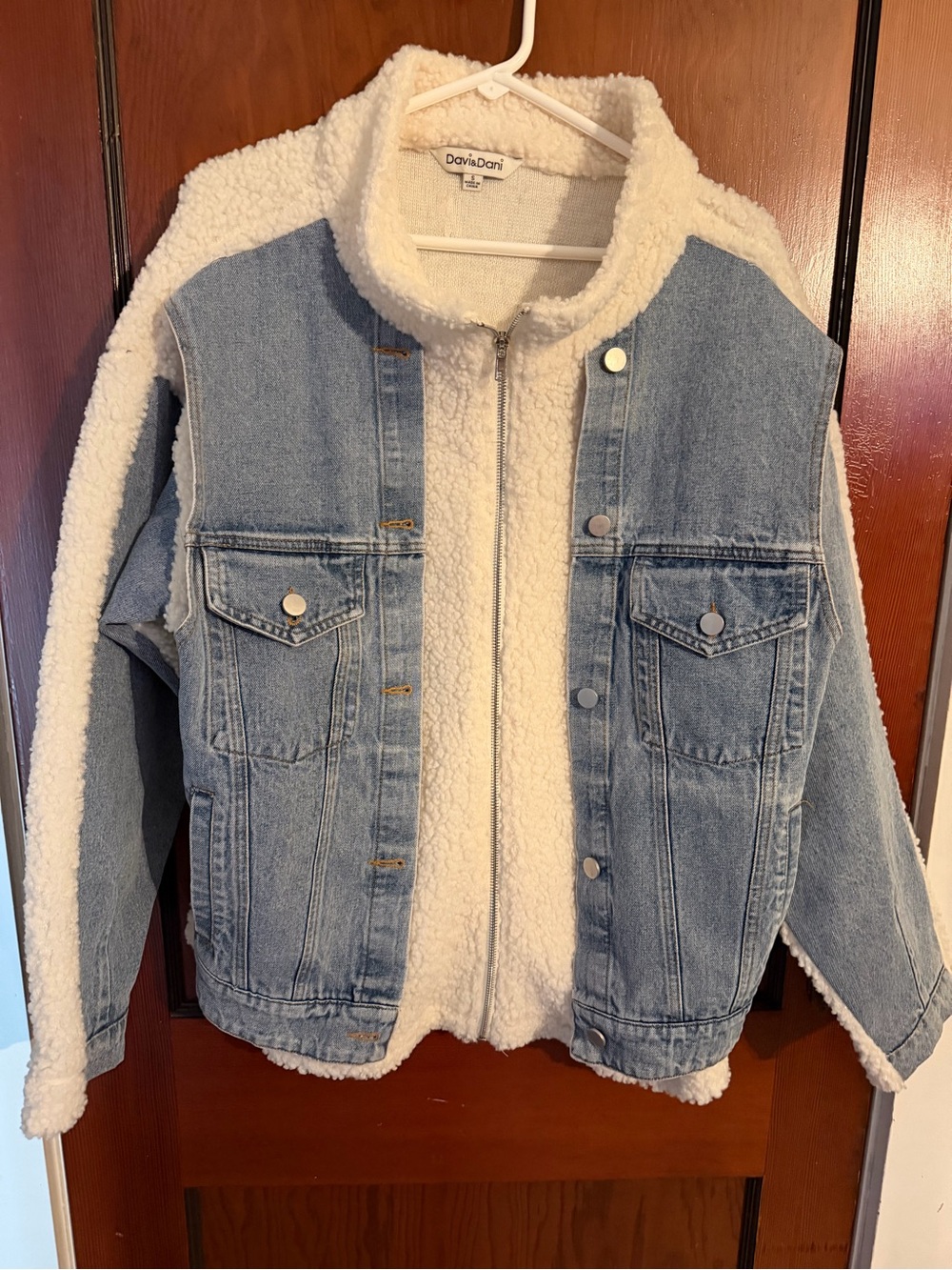 Oversized Blue Denim Jacket with Cream Sherpa Lining